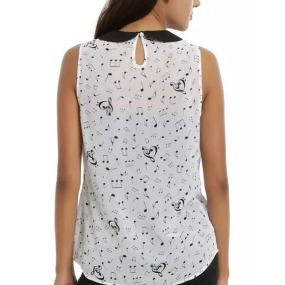 HOT TOPIC Music Note Peter Pan Collar Tie Front Sleeveless Chiffon Blouse ~ MED - Picture 2 of 8